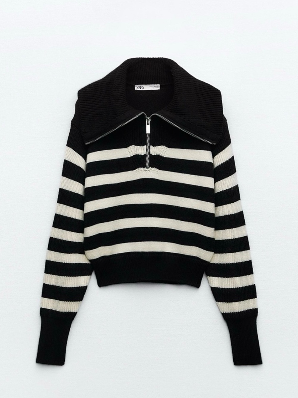 NWOT Zara Black & White Striped Half-Zip Quarter Knit Sweater